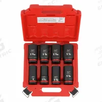 MILWAUKEE Impact Socket Set: 3/4 in Drive Size, Small Set (0-50 pieces) Set Size, 8 Pieces, 0, SAE (MPN 49-66-7018). Key specifications — attr1204251: MILWAUKEE; attr1215453: 3/4 in; attr1215454: 1 in to 1-1/2 in; attr1224229: Friction.