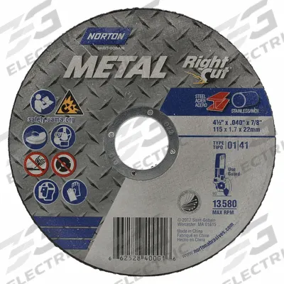 NORTON Cut-Off Wheel: Type 1, 4 1/2" x 0.045" x 7/8", Aluminum Oxide, 36 Grit - General Purpose Cut-Off Wheels for Carbon & Stainless Steel