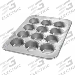 CHICAGO METALLIC Large Muffin Pan: Aluminized Steel, 12 Slots, 12 7/8 in Overall Wd, 26 ga Gauge (MPN 43645). Key specifications — Pan Style: Muffin Pan; Brand: CHICAGO METALLIC; Color: Silver; Material: Aluminized Steel; NSF Certified: No; Number of Slots: 12.