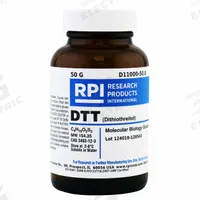 RPI DTT (DL-Dithiothreitol) (Clelands Reagents): 50 g Volume, BSE/TSE Free, Powder, Glass (MPN D11000-50.0). Key specifications — Form: Powder; Special Information: BSE/TSE Free; Brand: RPI; Chemical Grade: Lab; Container Material: Glass.