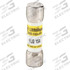 LITTELFUSE Fuse: FLQ Series, Midget, Time-Delay, 15 A, 500 V AC, 300 V DC, 13/32 in x 1 1/2 in (MPN FLQ015). Key specifications — Series: FLQ; Brand: LITTELFUSE.