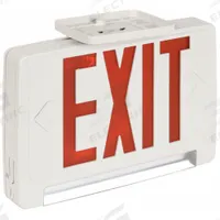 Exit Sign with Emergency Lights: White, 1 or 2 Faces, Red, LED, Ceiling/Wall, Nickel Cadmium (MPN ECBR LED M6). Key specifications — Voltage: 120/277V AC; Self Diagnostics: No; Housing Color: White; Brand: LITHONIA LIGHTING; Directional Indicators: Universal Field Selectable Chevrons; Lighting Technology: LED; Remote Capable: Yes; Text Color: Red.