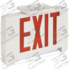 Exit Sign with Emergency Lights: White, 1 or 2 Faces, Red, LED, Ceiling/Wall, Nickel Cadmium (MPN ECBR LED M6). Key specifications — Voltage: 120/277V AC; Self Diagnostics: No; Housing Color: White; Brand: LITHONIA LIGHTING; Directional Indicators: Universal Field Selectable Chevrons; Lighting Technology: LED; Remote Capable: Yes; Text Color: Red.