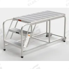 APPROVED VENDOR Mobile Work Platform: 2.5 ft Platform Ht - Max, 24 in x 49 in, Aluminum (MPN A006). Key specifications — Folding: Not Foldable; Mobility: Rolling; Use Location: Indoor; Brand: APPROVED VENDOR; Color: Silver; Height Adjustability: Fixed Height; Includes Handrails: Handrails Not Included; Locking Mechanism: No Locking Mechanism.