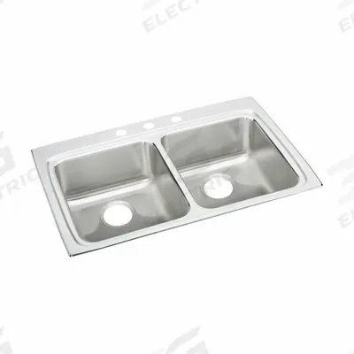 JUST MANUFACTURING Bowl Drop-In Sink: 33 in Overall Lg, 22 in Overall Wd, 4 1/2 in Bowl Dp - Two-Bowl Counter-Mounted Kitchen & Bar Sinks without Faucets