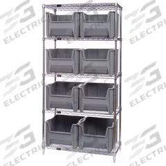 QUANTUM STORAGE SYSTEMS Bin Shelving: 42 in x 18 in x 74 in, 1 Sided, 8 Bins, Open, Blue, 5 Shelves (MPN WR5-700BL). Key specifications — Includes Bins: Yes; Bin Material: Polypropylene; Frame Color: Gray; Bin HxWxD: (8) 12-7/16 in x 19-7/8 in x 15-1/4 in; Frame Material: Steel; Bin Color: Blue; Bin Style: Hang and Stack; Brand: QUANTUM STORAGE SYSTEMS.
