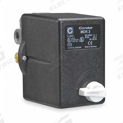 CONDOR USA, INC Pressure Switch: Std, 45 psi – 160 psi, (3) 1/4" FNPT/3/8" FNPT - Motor Overload-Protected Pressure Switches for Air & Water