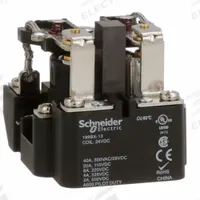 SCHNEIDER Open Power Relay: Surface Mounted, 40 A Current Rating, 24V DC, DPDT, 8 Pins/Terminals (MPN 199BX-13). Key specifications — Brand: SCHNEIDER; Base Type: Octal; Mounting Style: Surface; Electrical Connection: Screw Terminal; Manufacturer Part Number: 199BX-13; Operating Current: 20 A at 110V DC (Resistive Load); Series: 199 Power Series.