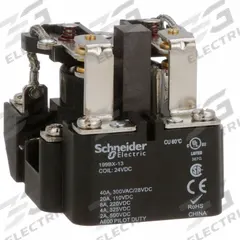 SCHNEIDER Open Power Relay: Surface Mounted, 40 A Current Rating, 24V DC, DPDT, 8 Pins/Terminals (MPN 199BX-13). Key specifications — Brand: SCHNEIDER; Base Type: Octal; Mounting Style: Surface; Electrical Connection: Screw Terminal; Manufacturer Part Number: 199BX-13; Operating Current: 20 A at 110V DC (Resistive Load); Series: 199 Power Series.