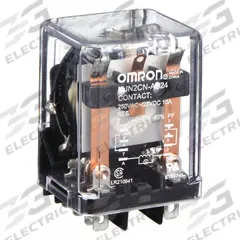 OMRON General Purpose Relay: Socket Mounted, 10 A Current Rating, 24V AC, DPDT, 8 Pins/Terminals (MPN MJN2C-N-AC24). Key specifications — Brand: OMRON; Base Type: Square; Mounting Style: Plug-In; Pin Shape: Flat; Electrical Connection: Quick-Connect; Manufacturer Part Number: MJN2C-N-AC24; Series: MJN Series.