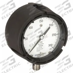 ASHCROFT Process Pressure Gauge: 0 psi to 300 psi, White, 4 1/2 in Dial, 1/2 in NPT Male, Bottom (MPN 451259SD04L300#). Key specifications — Brand: ASHCROFT; Pointer Color: Black; Accuracy: ±0.5%; Dial Color: White; Gauge Wetted Parts: Stainless Steel; Case Material: PBT; Vibration Resistance Properties: None; Pressure Range: 0 psi to 300 psi.