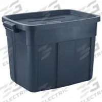 RUBBERMAID Storage Tote: 18 gal, 23 7/8 in x 16 3/8 in x 17 1/2 in, Dark Blue/Metallic Body, Blue (MPN RMRT180000). Key specifications — Material: Plastic; Edge/Corner Design: Rounded; Body Color: Dark Blue/Metallic; Lid Color: Dark Blue/Metallic; Brand: RUBBERMAID; NSF Certified: Not NSF Certified; Nestable: Nesting Capable.