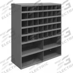 DURHAM MFG Pigeonhole Bin Unit: 34 in x 12 in x 42 in, 44 Compartments, 12 in, Gray, Steel (MPN 398-95). Key specifications — attr7229: Steel; attr38869: DURHAM MFG; attr38873: Gray.