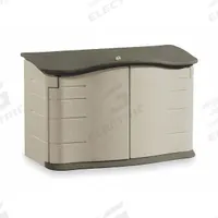 Outdoor Storage Shed: 18 cu ft, Green/Tan, 47 in L x 21 in D x 29 in H, Horizontal (MPN FG374801OLVSS). Key specifications — Brand: RUBBERMAID COMMERCIAL PRODUCTS; Product Type: Outdoor Storage Shed; Orientation: Horizontal; Material: Polypropylene; Resistance Properties: Impact Resistant; Lockable: Yes; Pattern: None; Color: Green/Tan.