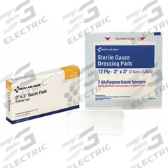 FIRST AID ONLY Gauze Pad: 3 in Dressing Lg, 3 in Dressing Wd, Gauze, Sterile, 4 PK (MPN 3-001). Key specifications — Water Resistance: Not Water Resistant; Unitized: Unitized; Standards: ANSI Z308.1-2015; Manufacturer Part Number: 3-001; Package Type: Box; Product Type: Gauze Pad; Sterility: Sterile; Brand: FIRST AID ONLY.
