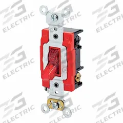 LEVITON Wall Switch: Toggle Switch, 3-Way, Maintained, Red, 277V AC, 20 A (MPN 1223-7PR). Key specifications — Illuminated: Yes.