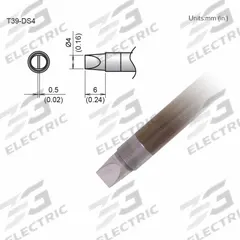 HAKKO Soldering Tip: T39 Series, Chisel, 4 mm W, 6 mm Lg (MPN T39-DS4). Key specifications — Brand: HAKKO; Compatible Handpiece Manufacturer Model Number: FX-9701; Manufacturer Part Number: T39-DS4.