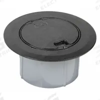 STEEL CITY Floor Box Cover and Carpet Flange: Round, Black, Plastic, 6 3/8 in Dia. (MPN 68R-CST-BLK). Key specifications — Brand: STEEL CITY; Color: Black; Cover Shape: Round; Material: Plastic.