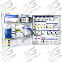 FIRST AID ONLY First Aid Kit and Housing: 386 Components, ANSI/ISEA Z308.1-2021, Type I/II, Class B (MPN 91378). Key specifications — ANSI Standard Met: ANSI/ISEA Z308.1-2021; Adhesive Bandages Included: (50) Metal Detectable Bandages; Oral and Inhalant Medicinals Included: (20) Non-Aspirin Pain Relievers; Topical Medicinals Included: (40) Alcohol Wipes; Wound Dressings Included: Splint; Unitized: Unitized with Guided Refill System.