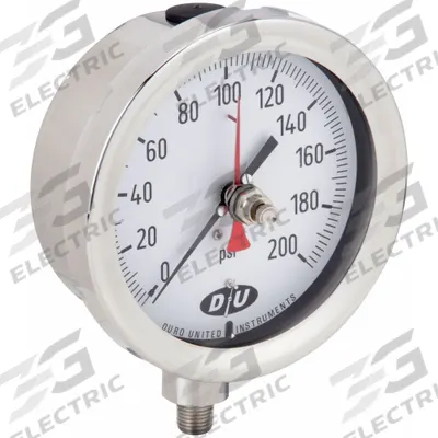 DURO Industrial Pressure Gauge: 0 psi to 200 psi, White, 4 1/2 in Dial, 1/4 in NPT Male - Stainless Steel Wetted Parts with Red Max Hand