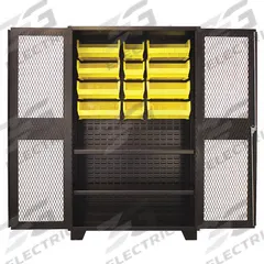 JAMCO Bin Cabinet: 48 in x 24 in 78 in, 2 Shelves, 12 Bins, Yellow, Ventilated, 14 ga Panel, Black (MPN DH248BL). Key specifications — Bin Color: Yellow; Bin HxWxD: (4) 7 in x 8-1/4 in x 11 in; Assembled: Assembled; Cabinet Style: Shelf and Bin; Brand: JAMCO; Cabinet Color: Black; Cabinet Finish: Powder Coated; Cabinet Material: Steel.