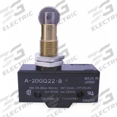 OMRON Snap Action Switch: Roller Plunger Actuator, 1NO/1NC, Screw (MPN A-20GQ22-B). Key specifications — AC Contact Rating: 20 A @ 480 V; Electrical Connection: Screw; Series: A; Brand: OMRON.