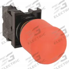 EATON Emergency Stop Push Button: Non-Illuminated, Mushroom Head Profile, Non-Metallic, 22 mm, 1NC (MPN M22-PV-K01). Key specifications — Brand: EATON; Action: Maintained; Series: M22; Push Button Material Type: Non-Metallic.