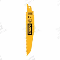 DEWALT Reciprocating Saw Blade: 6 Teeth per Inch, 6 in Blade Lg, 0.06 in Blade Thick, Bi-Metal, 5 PK (MPN DWAR6066). Key specifications — attr1109198: 6; attr1109200: Rigid for Straight Cuts; attr1109201: Tapered; attr1109209: DEWALT.