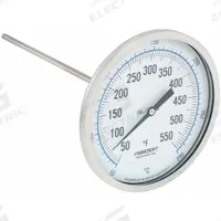 ASHCROFT Dial Thermometer: 50°F to 550°F /10°C to 290°C, ±1% Accuracy, 9 in Stem Lg, 5 in Dial Dia (MPN 50EI60R090XCS50/550F). Key specifications — Accuracy: ±1 %; Brand: ASHCROFT.