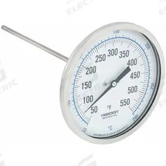 ASHCROFT Dial Thermometer: 50°F to 550°F /10°C to 290°C, ±1% Accuracy, 9 in Stem Lg, 5 in Dial Dia (MPN 50EI60R090XCS50/550F). Key specifications — Accuracy: ±1 %; Brand: ASHCROFT.