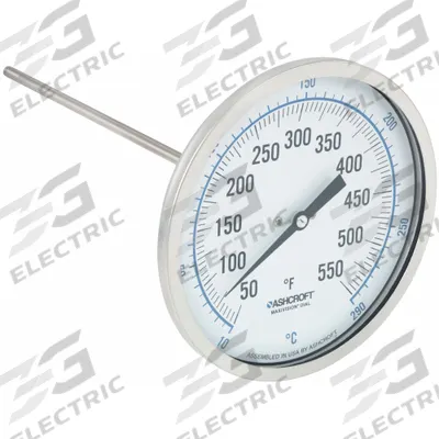 ASHCROFT Dial Thermometer: 50°F to 550°F /10°C to 290°C, ±1% Accuracy, 9 in Stem Lg - Back-Mount Fixed-Angle Thread-Mount Dial Thermometers
