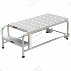 APPROVED VENDOR Mobile Work Platform: 1.7 ft Platform Ht - Max, 24 in x 49 in, Aluminum (MPN A003). Key specifications — Folding: Not Foldable; Mobility: Rolling; Use Location: Indoor; Brand: APPROVED VENDOR; Color: Silver; Height Adjustability: Fixed Height; Includes Handrails: Handrails Not Included; Locking Mechanism: No Locking Mechanism.