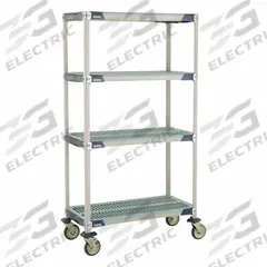 METRO Utility Cart: 38 in x 20 in, 67 in Overall Ht, 4 Shelves, Antimicrobial/Corrosion-Resistant (MPN X336EGX3). Key specifications — Resistance Properties: Antimicrobial; Corrosion-Resistant; Shelf Configuration: Standalone; Brand: METRO; NSF Approved: Yes; Number of Shelves: 4; Caster Wheel/Configuration: (2) Swivel Casters with Brakes; Material: Polymer.