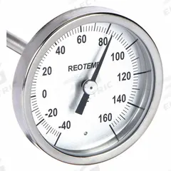 REOTEMP Soil Dial Thermometer: -40°F to 160°F, +/- 1% Accuracy, 6 in Stem Lg, Fahrenheit (MPN HH0602F23PS). Key specifications — Accuracy: +/- 1%; Housing Material: Stainless Steel; Brand: REOTEMP; Temperature Units: Fahrenheit.
