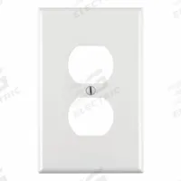 LEVITON Wall Plate: Duplex Outlet, 1 Gang, White, Midsize Size (MPN PJ8-W). Key specifications — Brand: LEVITON; Material: Nylon.