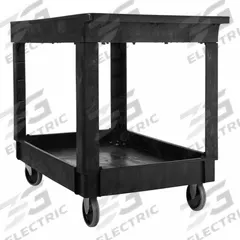 RUBBERMAID COMMERCIAL PRODUCTS Utility Cart: 500 lb, 2 Shelves, 26 in L x 33 in W Self, Black, Flat (MPN FG9T6700BLA). Key specifications — Shelf Color: Black; Brand: RUBBERMAID COMMERCIAL PRODUCTS; Caster/Wheel Configuration: (2) Rigid.