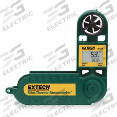 EXTECH Anemometer: 20 fpm Air Velocity Resolution, Dew Point/Relative Humidity, Rotating Vane, 45158. Key specifications — Vane Material: Plastic; Data Logging: No; Manufacturer Part Number: 45158; Brand: EXTECH; Temperature Accuracy: +/-1.8°F; Digital Display Screen Type: LCD; Display Type: Digital; Includes: Lanyard.