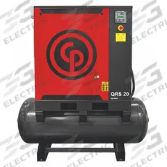 CHICAGO PNEUMATIC Rotary Screw Air Compressor: Horizontal, 20 hp, 69.3 cfm, 132 gal Tank (MPN QRS 20 HP). Key specifications — attr48606: Three; attr48593: 460V AC; attr48578: CHICAGO PNEUMATIC; attr110305: Not Included.