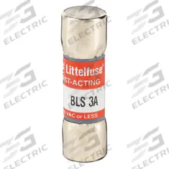 LITTELFUSE Fuse: BLS Series, Midget, Fast-Acting, 3 A, 600 V AC, 13/32 in x 1 3/8 in, Non-Indicating (MPN BLS003). Key specifications — attr1287209: BLS; attr211192: LITTELFUSE.