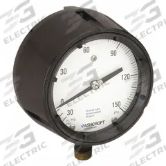 ASHCROFT Process Compound Gauge: 0 psi to 150 psi, White, 4 1/2 in Dial, 1/2 in NPT Male, Bottom (MPN 451279AS04LV/150#). Key specifications — Brand: ASHCROFT; Pointer Color: Black; Accuracy: ±0.5%; Dial Color: White; Gauge Wetted Parts: Brass / Bronze; Case Material: Phenolic; Vibration Resistance Properties: None; Pressure Range: 0 psi to 150 psi.