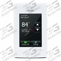 NUHEAT Electric Floor Heater Thermostat: 3 in Overall Wd, 120/240V AC, 42° to 105°F, Touch Screen (MPN Home). Key specifications — Thermostat Control Type: Touch Screen; Voltage: 120/240V AC; Thermostat Control Range: 42° to 105°F; Brand: NUHEAT.