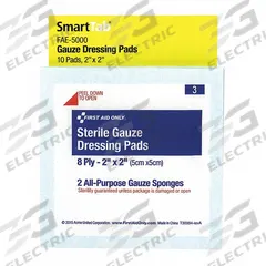 FIRST AID ONLY Gauze Dressing Pad: 2 in Dressing Lg, 2 in Dressing Wd, Gauze, Sterile, 10 PK (MPN FAE-5000). Key specifications — Water Resistance: Not Water Resistant; Self-Adhesion: Not Self-Adhering; Unitized: Unitized; Standards: ANSI/ISEA Z308.1-2009; Manufacturer Part Number: FAE-5000; Package Type: Bag; Product Type: Gauze Pad; Sterility: Sterile.