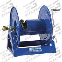 COXREELS Hand Crank Hose Reel: 100 ft (1/2 in I.D.), 17 5/8 in L x 11 3/8 in W x 18 3/4 in H, Brass (MPN 1125-4-100). Key specifications — Hose Capacity: 100 ft (1/2 in I.D.); Overall Dimensions: 17-5/8 in L x 11-3/8 in W x 18-3/4 in H; Seal Material: Nitrile; Reel Color: Blue; Swivel Material: Brass; Brand: COXREELS.