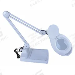 APPROVED VENDOR Round Magnifier Light: LED, 2.25x, 5 Diopter, 678 lm Max Brightness, 34 in Arm Reach (MPN 32PE55). Key specifications — Arm Material: Steel; Brand: APPROVED VENDOR; Magnification: 2.25x; ESD Safe: No; Lens Material: Glass; Lighting Technology: LED; Operating Voltage: 100 to 240V AC; Includes Ultraviolet Light: No.
