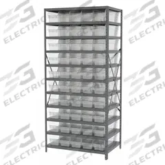 AKRO-MILS Bin Shelving: 36 in x 24 in x 79 in, 1 Sided, 50 Bins, Open, Shelf Bin, Clear, 11 Shelves (MPN AS2479094SC). Key specifications — Includes Bins: Yes; Bin Material: Polymer; Frame Color: Gray; Bin HxWxD: (50) 6 in x 6-5/8 in x 23-5/8 in; Frame Material: Steel; Bin Color: Clear; Bin Style: Shelf; Brand: AKRO-MILS.