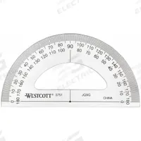 WESTCOTT Manual-Reading Protractor: 0°to 180°, 1° Graduations, 0.01in Accuracy, Plastic, 3 1/2 in (MPN 3751). Key specifications — attr1182193: Plastic; attr1182194: 0.01in; attr1182198: 1°; attr1182218: WESTCOTT.