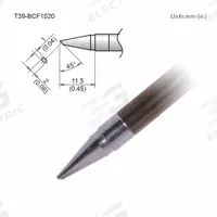 HAKKO Tinned Face Soldering Tip: T39 Series, Bevel, 2 mm W, 11.5 mm Lg (MPN T39-BCF1020). Key specifications — Brand: HAKKO; Compatible Handpiece Manufacturer Model Number: FX-9701; Manufacturer Part Number: T39-BCF1020.