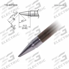 HAKKO Tinned Face Soldering Tip: T39 Series, Bevel, 2 mm W, 11.5 mm Lg (MPN T39-BCF1020). Key specifications — Brand: HAKKO; Compatible Handpiece Manufacturer Model Number: FX-9701; Manufacturer Part Number: T39-BCF1020.
