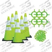 Traffic Cone: MUTCD/NCHRP-350, 28 in Cone Ht, Green, High-Intensity Prismatic, PVC, Blank (MPN 93277-6). Key specifications — Base Color: Black; Brand: MR. CHAIN; Cone Material: PVC; Legend: Blank; Includes: 50 ft of 2 in Plastic Barrier Chain.