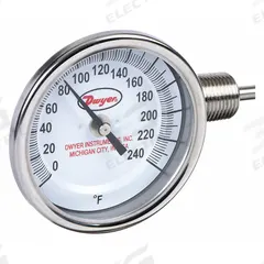 DWYER Dial Thermometer: 0°F to 240°F, ±2%Full Scale Accuracy, 4 in Stem Lg, 3 in Dial Dia (MPN BTLR34051). Key specifications — Accuracy: ±2 % Full Scale; Brand: DWYER.